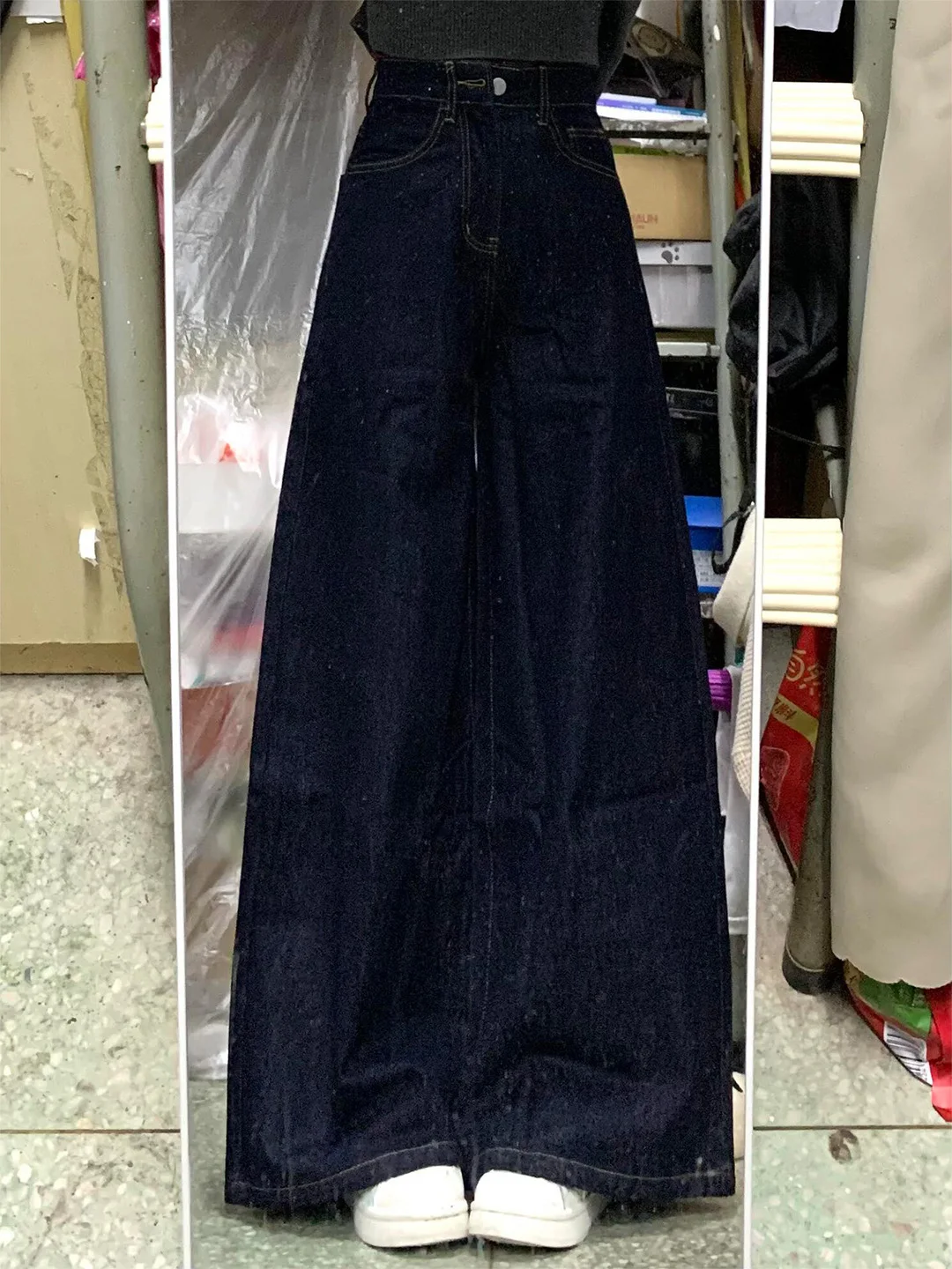 

Женские джинсы с высокой талией, облегающие, летние, 2026, новинка, американский уличный стиль, темно-синие, широкие штанины, длина в пол, прямой крой, деним