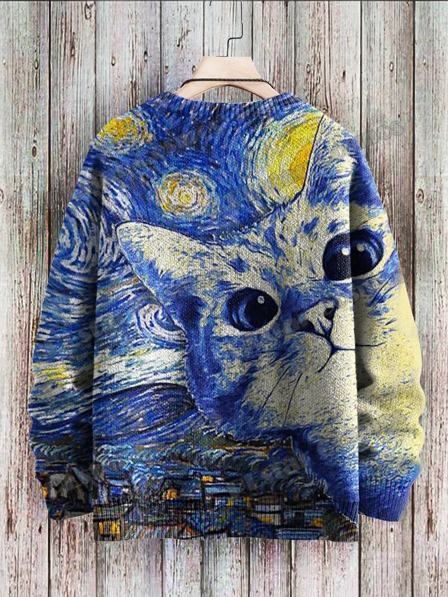 Funny Blue Cats Reading Art Pattern 3D Printed Men's Crewneck Knitted Pullover Winter Unisex Casual Knit Pullover Sweater ZZM50