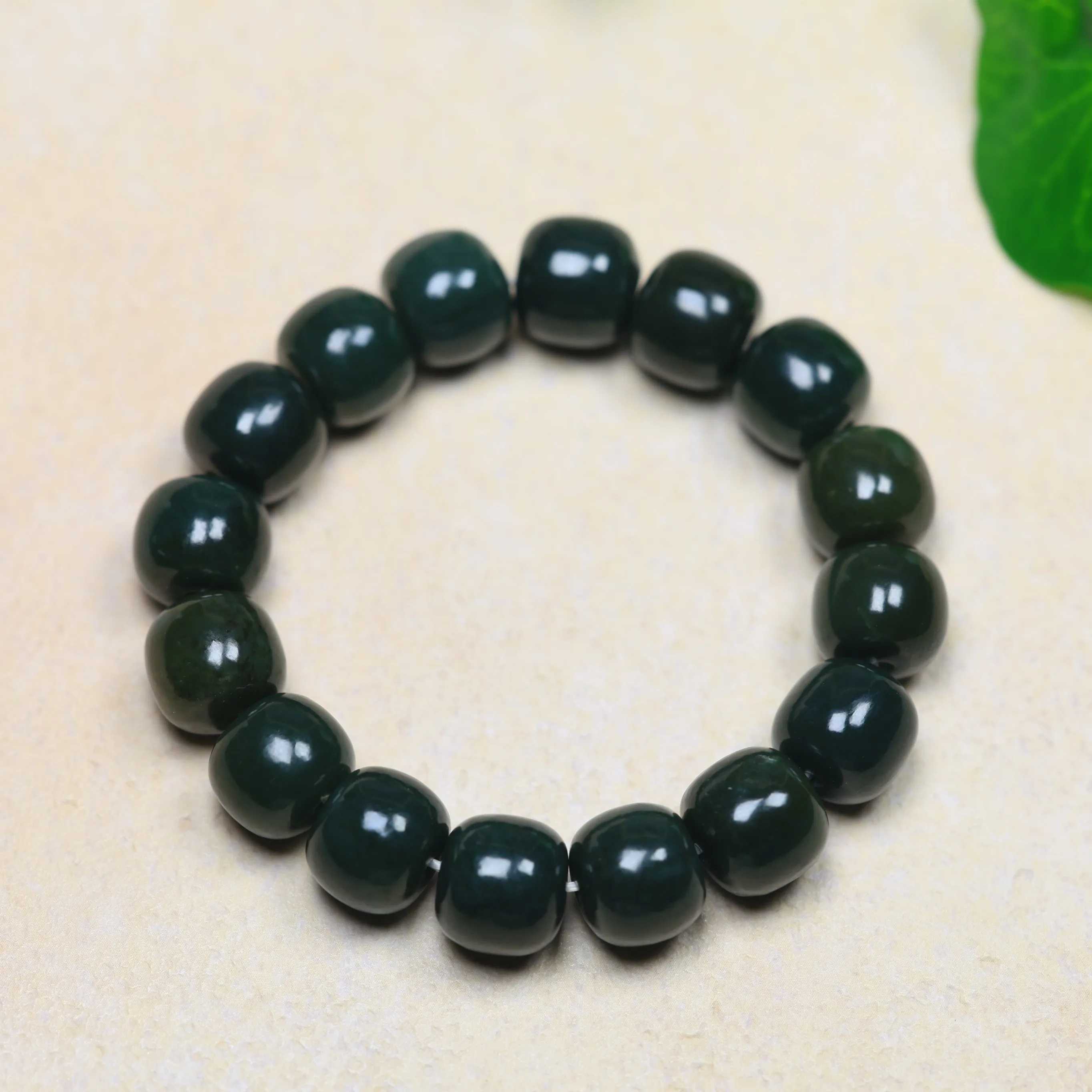Barrel Jade Bead Bracelet Unisex Handmade Elastic Stretch Bracelet Smooth Polished Drum Beads Gemstone Beaded Wrist Jewelry Gift