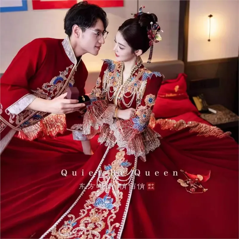 

New style velvet phoenix crown and red wedding dress for Chinese