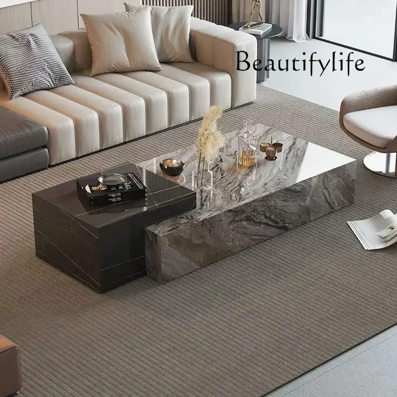 طاولة قهوة P-Tu مع لوح حجري إيطالي، مصمم غرفة المعيشة، فيلا منزلية بسيطة، طاولة قهوة حديثة فاخرة مدمجة لـ S