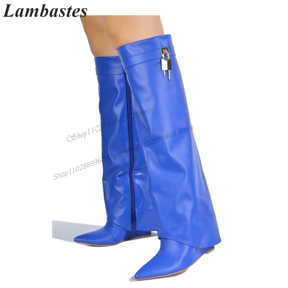 

Turned-Over Blue Matte Leather Lock Decor Boots Wedges Heel Women Shoes Side Zipper Pointed Toe 2023 Fashion Zapatillas Mujer