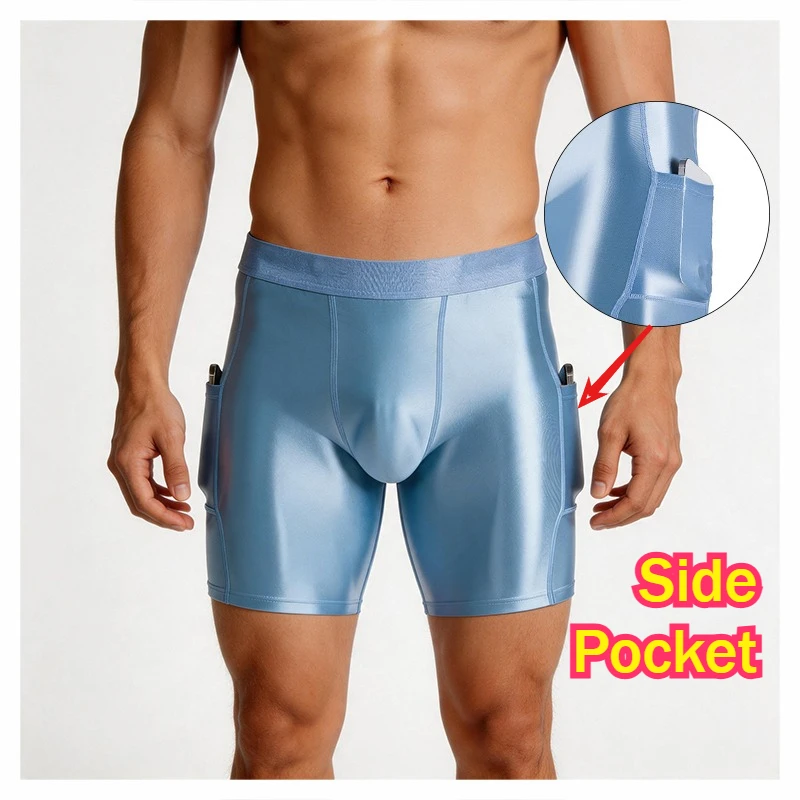 Men Side Pockets Fast Dry Breathable Gym Boxers Solid Color Training Workout Fitness Bottoms Glossy Cooling Casual Sport Panties