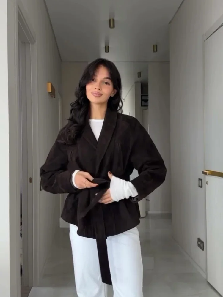 Casual Lady  Office Solid Coat Chic Outerwear Outfit Vintage Women's Cropped Suede Belted Jacket Coats Notched Lapel Oversized