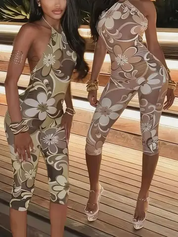 Sisterlinda Aesthetic Print Halter Playsuits Fashion Sexy Backless Bandage Body-shaping Rompers Female Attractive Club One Piece