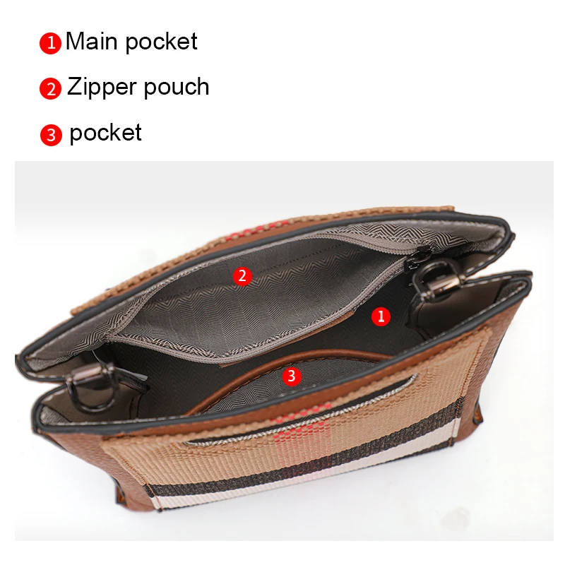 Canvas Cowhide Plaid Mini Tote Bag Adjustable Crossbody Strap Multi Pocket Ladies Handbag Daily Travel Shopping Work