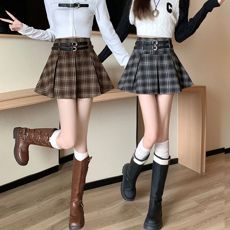 2023 Autumn/Winter Spicy Girls' Versatile and Slim Double Belt Plaid Pleated A-line Halfskirt Short Skirt Winter Skirt