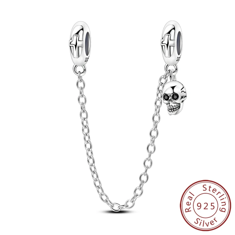 

Vintage 100% Sterling Silver Skull Cross Safety Chain Dangle Charm Fits Brand 3mm Bracelet DIY Party Jewelry Accessories