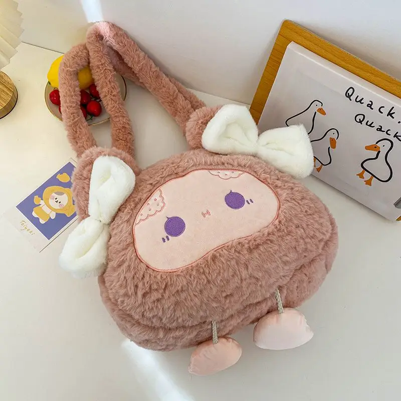 Cute Bunny/Sheep Plush Tote Bag Squishy Fluffy Animal Shoulder Bag for Women Girls Kawaii Cartoon Plush Handbag Casual Daily Use