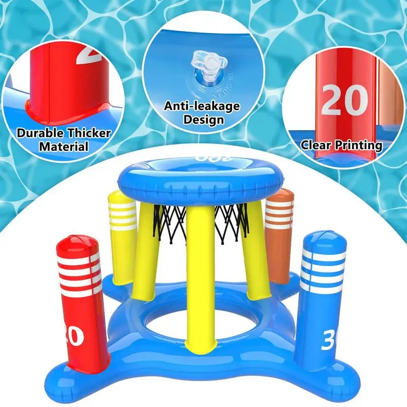 Basketball Hoop 2 In 1 Inflatable Pool Basketball Hoop Multifunctional Pool Toys Games With 8 Toss Rings Outdoor Water Game