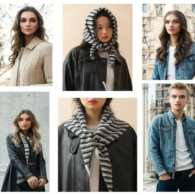Weicher, flauschiger, schwarz-weiß gestreifter Kapuzenmützen-Schal, warm und winddicht für den Winter, Outdoor, Pendeln und den täglichen Gebrauch. – Detail 11
