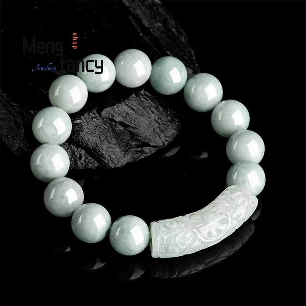 Natural Myanmar A-goods Jadeite Blessing Flower Pattern Curved Strip 13mm Ice Jade Beads Bracelet Exquisite Fashion Fine Jewelry