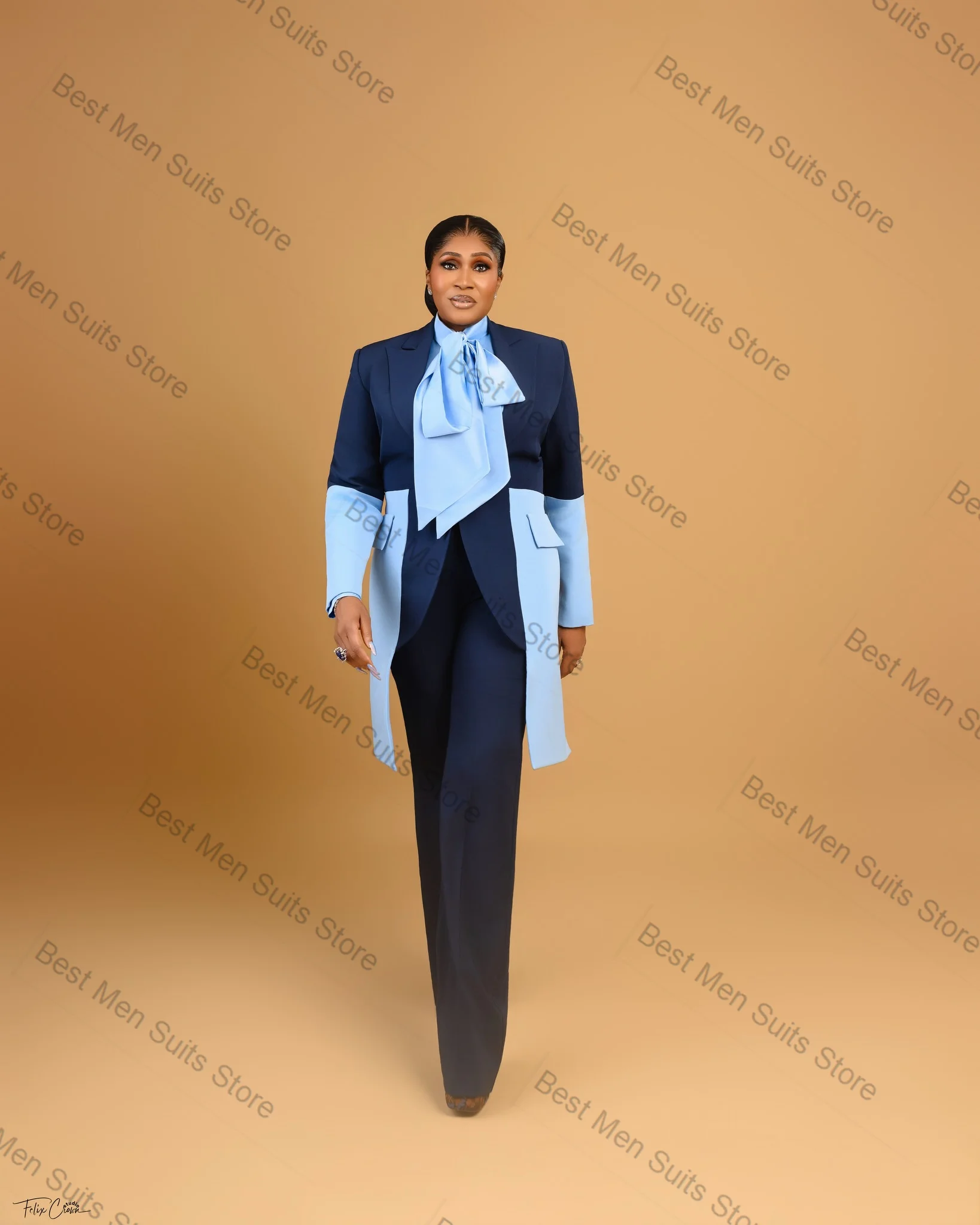 Color Splicing Blue Women Suit Set 2 Pcs Blazer Pants Trousers Cotton Formal Office Lady Jacket Customized Wedding Guest Coat