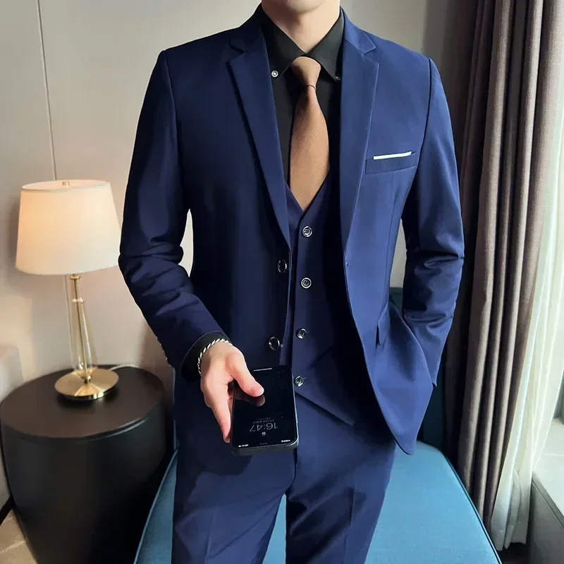 

XS-5XL (Blazer+ Vest + Pants) Men's fashion casual outdoor gentleman business wedding slim-fit formal British style wedding suit