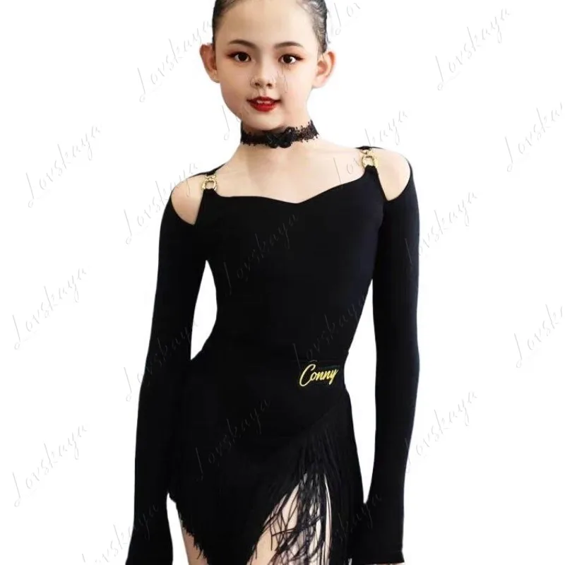 New Style Latin Dance Outfit - Women's Dance Training Suit with Long Sleeves and Frilled Skirt for Children in Black Set