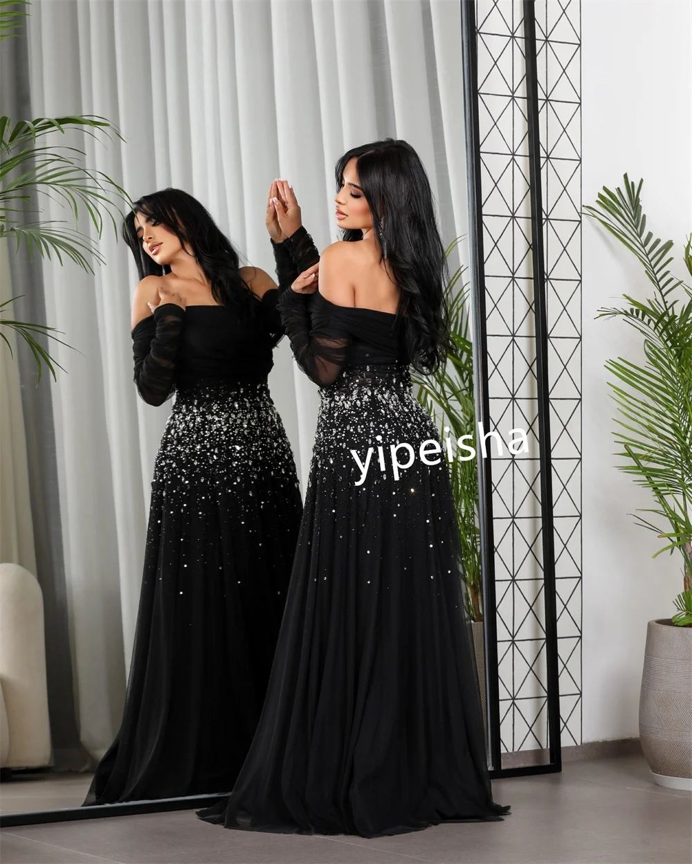 Customized Simple Chiffon Pleat Sequined A-line Boat Neck Long Dresses Quinceanera Dresses Sexy Modern Style Classic Retro