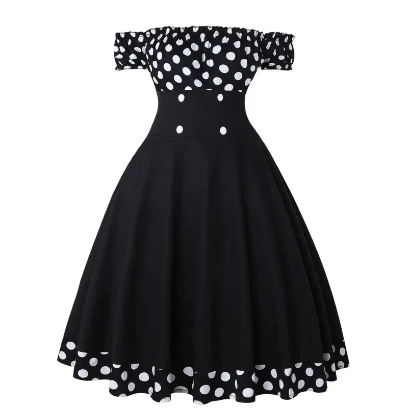Elegant Polka Dot Patchwork Vintage Dresses Women Robe Hepburn Style Slash Neck Off the Shoulder Summer Party Prom Dress