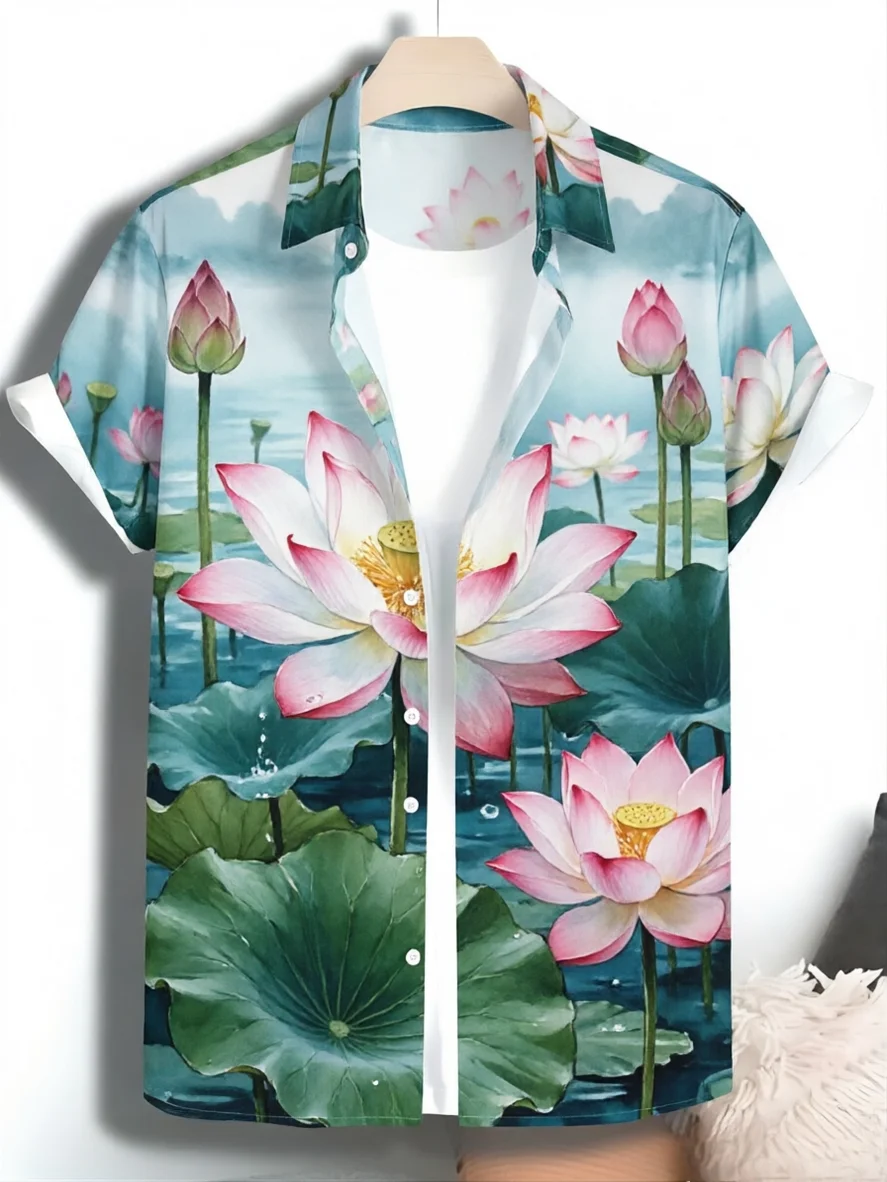 Lotus pattern men's short sleeved shirt, digital printing, casual and comfortable, fashionable and trendy, street outdoor