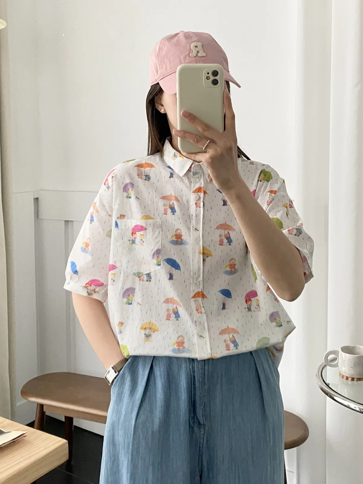 New Spring Cotton Cartoon Printed Shirt Women Lapel Half Sleeve Versatile Tops Girl Age Reduction Blouse 2024 Autumn T43089QC