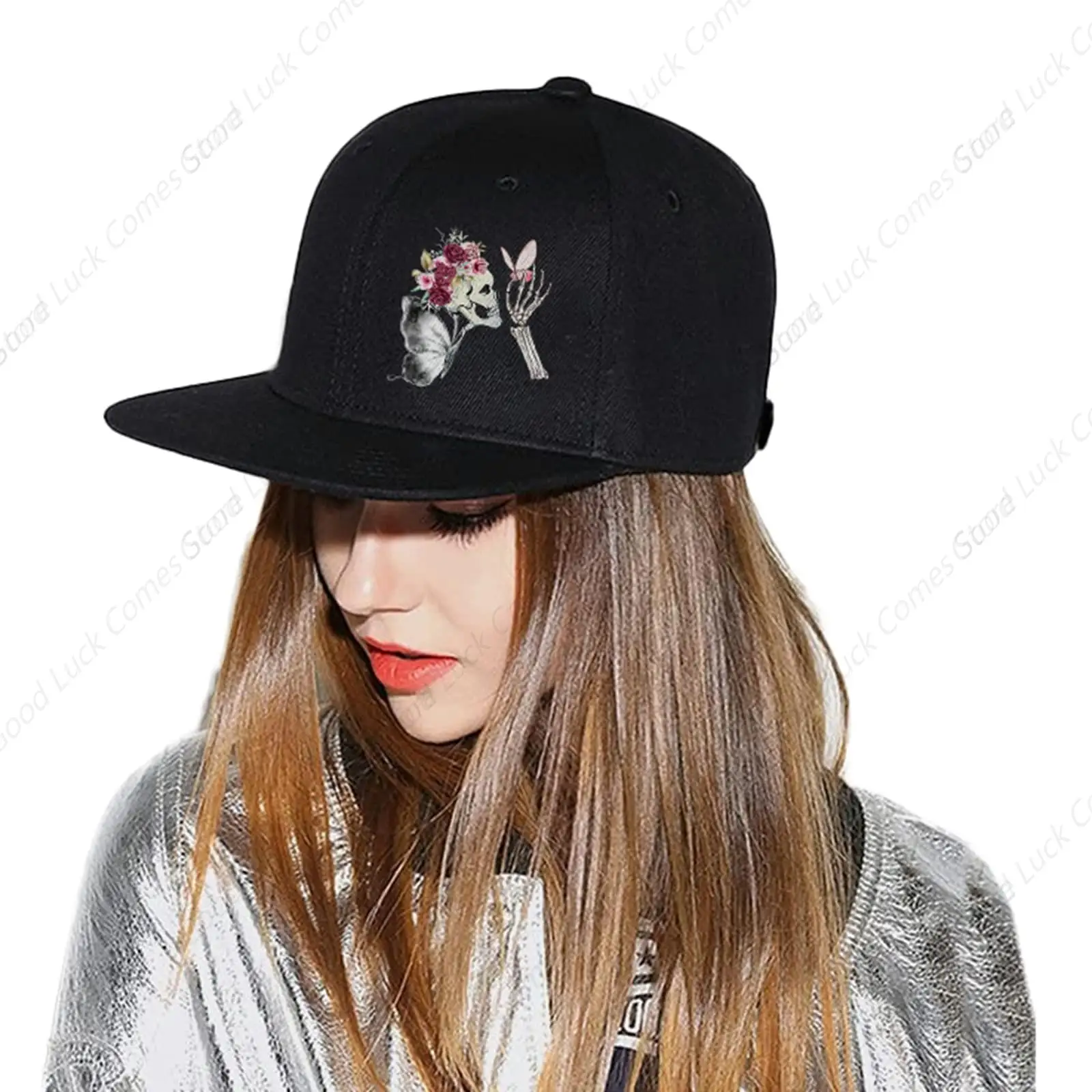 Skull and Rose Hats for Women Snapback Caps for Men Skeleton Cap Black Flat Bill Brim Trucker Snap Backpack Hat Fitted Skull Hat