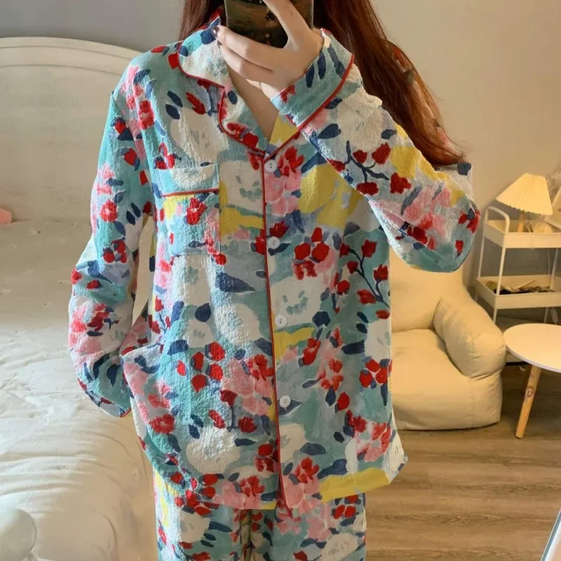 Female New Style Long Sleeve Autumn and Winter Thin Home Dress Set Can Be Worn Outside High Appearance Level Watercolour Pajamas