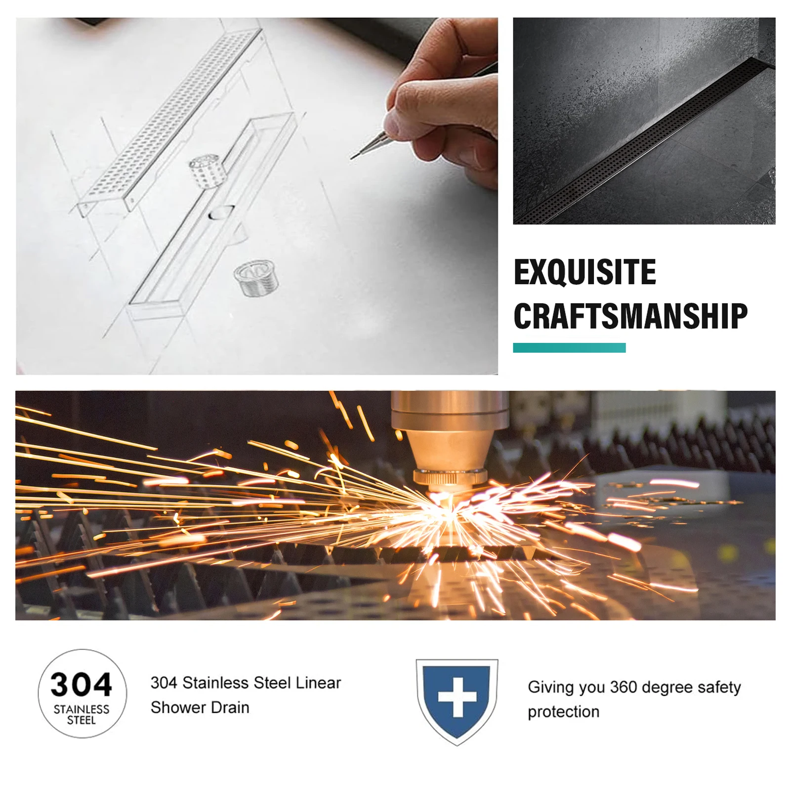 استنزاف دش خطي، استنزاف خطي عالي التحمل 48 بوصة، استنزاف الحمام مع مصفاة شعر للطابق السفلي والمطبخ والطابق السفلي #4