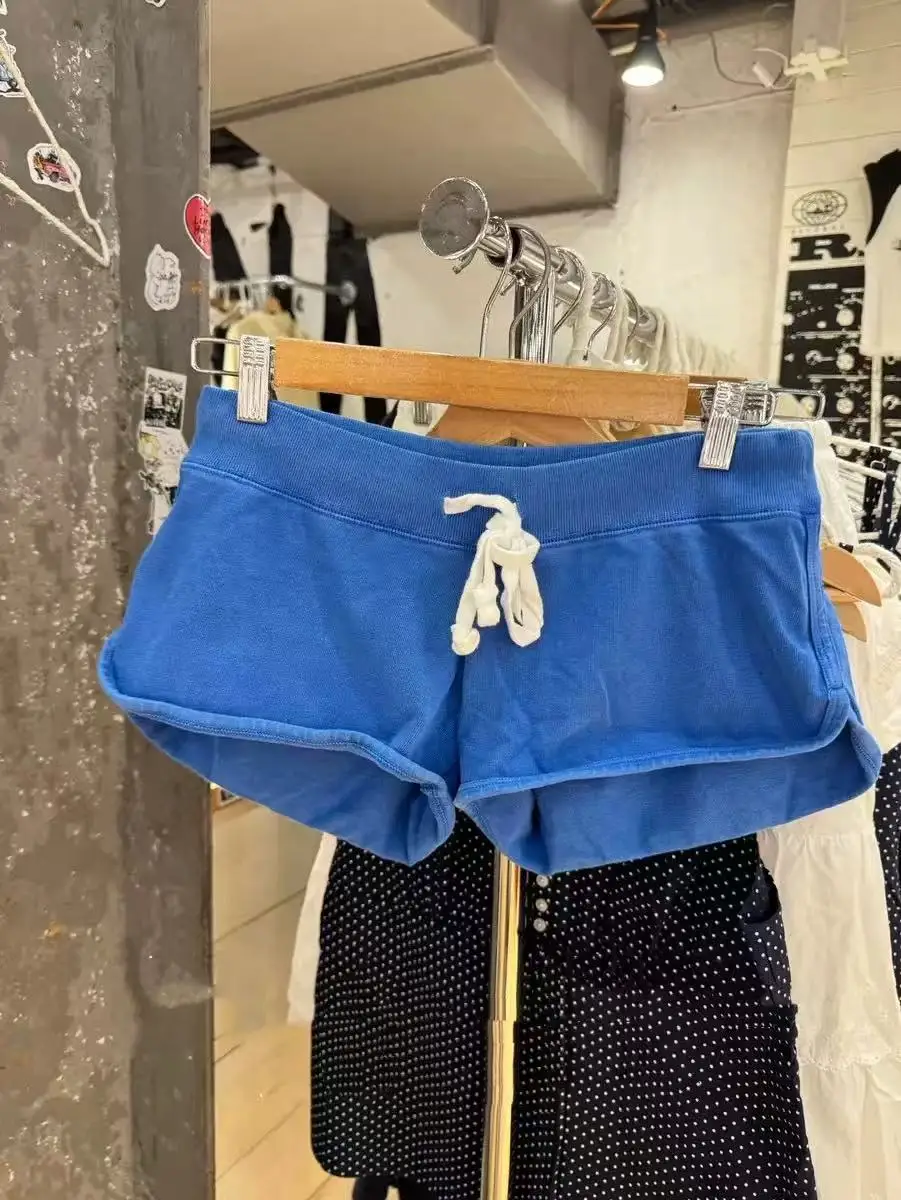 New Drawstring Blue Sweatshorts Women Summer Elastic Waist Loose Split Sport Shorts Streetwear Vintage Casual Boxer Short Pant
