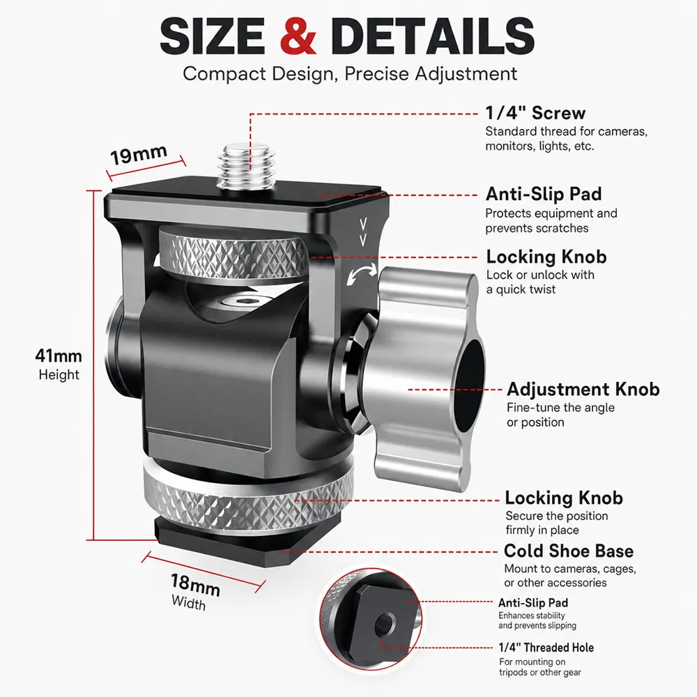 1/4" Aluminum Alloy Adjustable Cold Shoe Mount Mini Ball Head for DSLR Mirrorless Camera Accessories