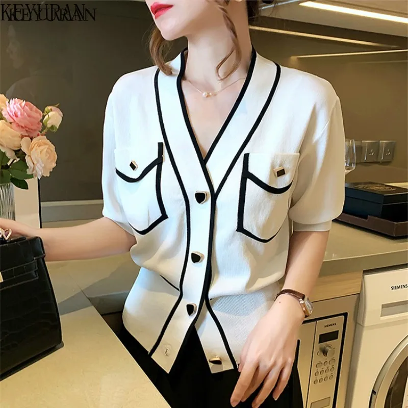 2023 Summer Thin Ice Silk Knitted Cardigan Women\'s Korean Chic V-Neck Single-breasted Short Sleeve Sweater Femme Knitwear Tops