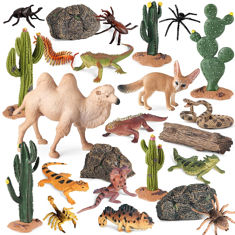 Oenux-Juego de figuras de animales del desierto, 24 Uds., modelo de árboles, Cactus, Camel, zorro, serpiente cascabel, escorpión, insecto, lagarto, reptil, juguete, regalo para niños