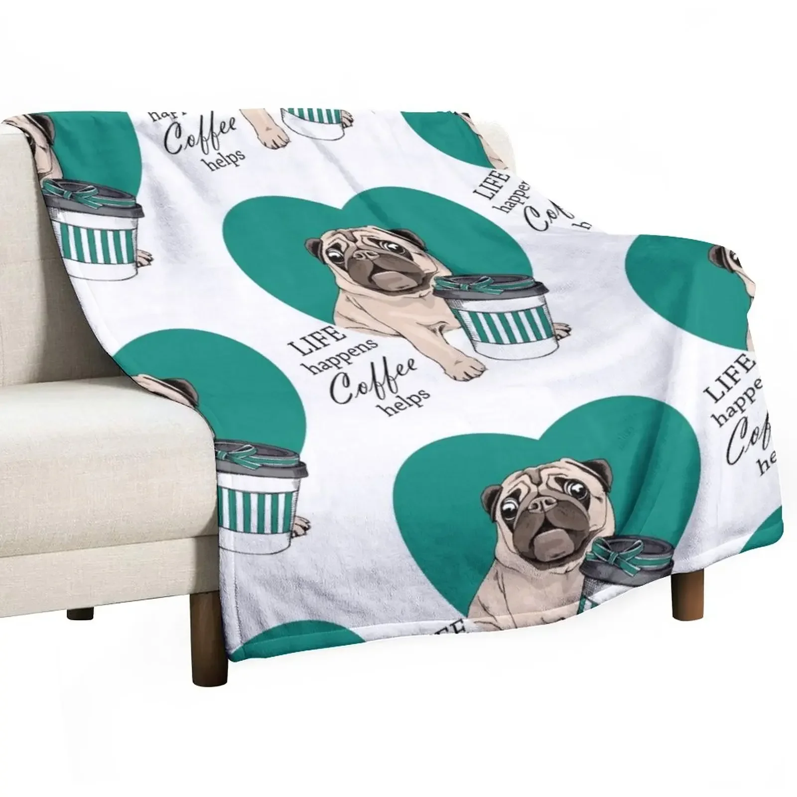 New sweet pug: Life happens, Coffee helps Throw Blanket For Sofa Thin sofa bed funny gift Decorative Throw Blankets