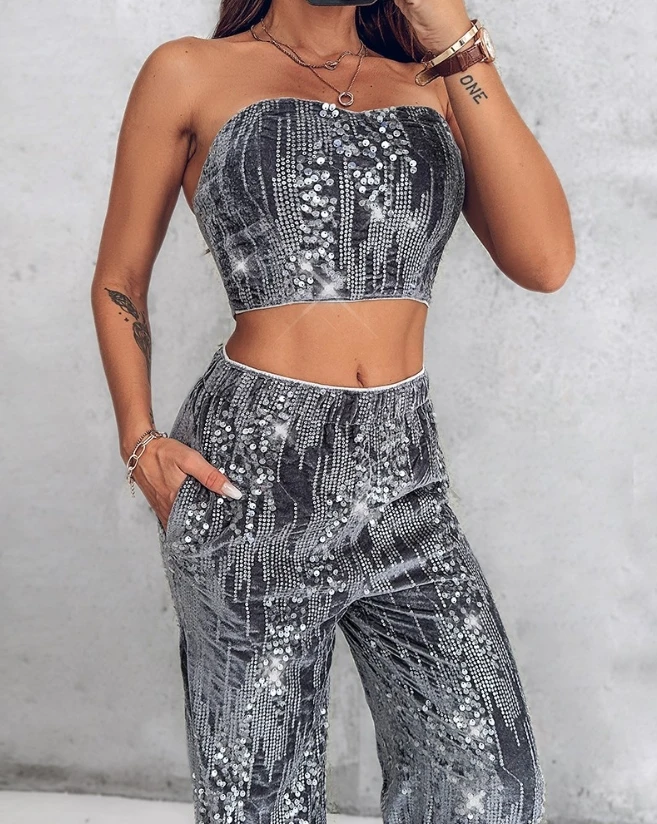 

Black Gray Velvet Material Contrast Sequin Lace Up Strapless Top High Waisted Pocket Design Straight Leg Pants Fashion Pants Set