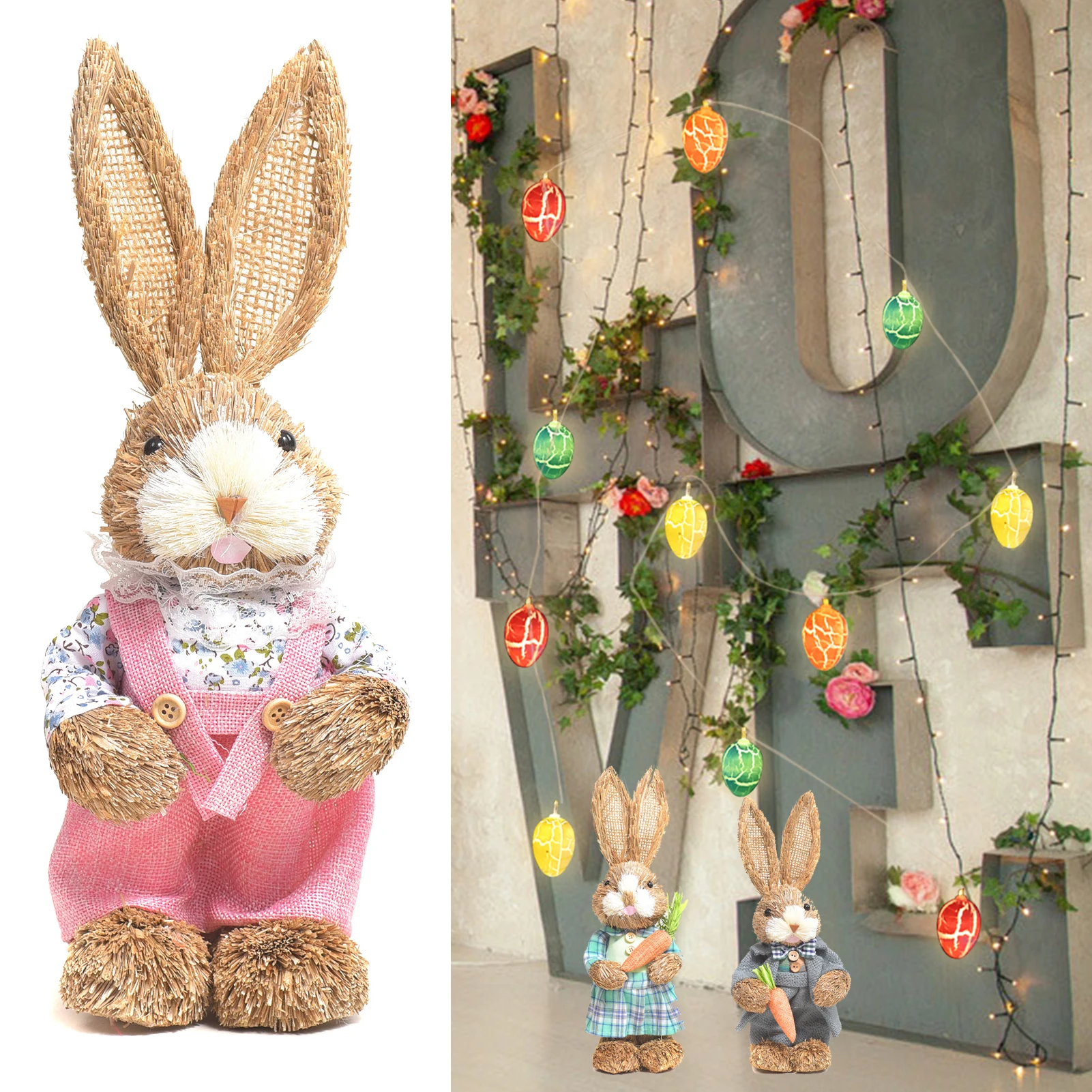 Easter Rabbit Decoration Bunny Figure Cattail Craft Ornament Home Holiday Cute Bunny Home Decoration  Easter Rabbit Decoration
