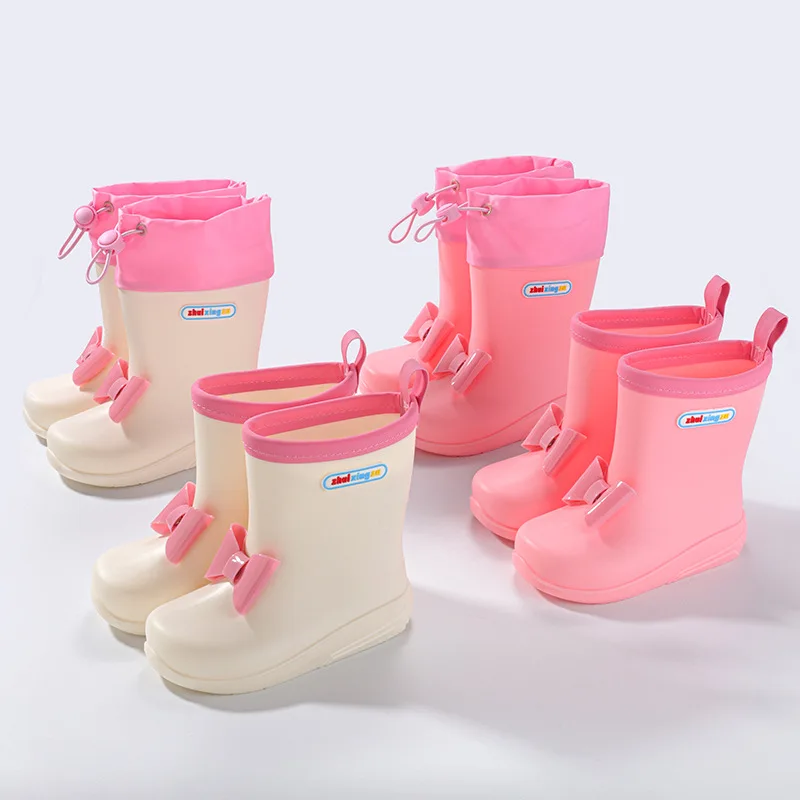 New Girls Rain Boots Versatile Soft Waterproof Bow Sweet Princess Four Seasons Cute Kindergarten Children Casual Rainy Day Shoes