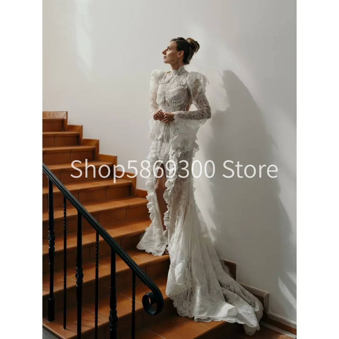 Customized High Neck Long Sleeve Long Sleeve Lace Embroidery vestidos de noche Tiered Ruffle Backless wedding Dresses