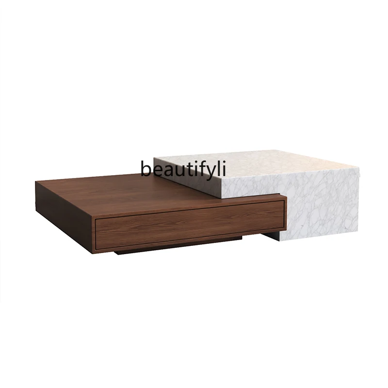 

Italian light luxury marble coffee table living room retractable small apartment wood grain square tea table