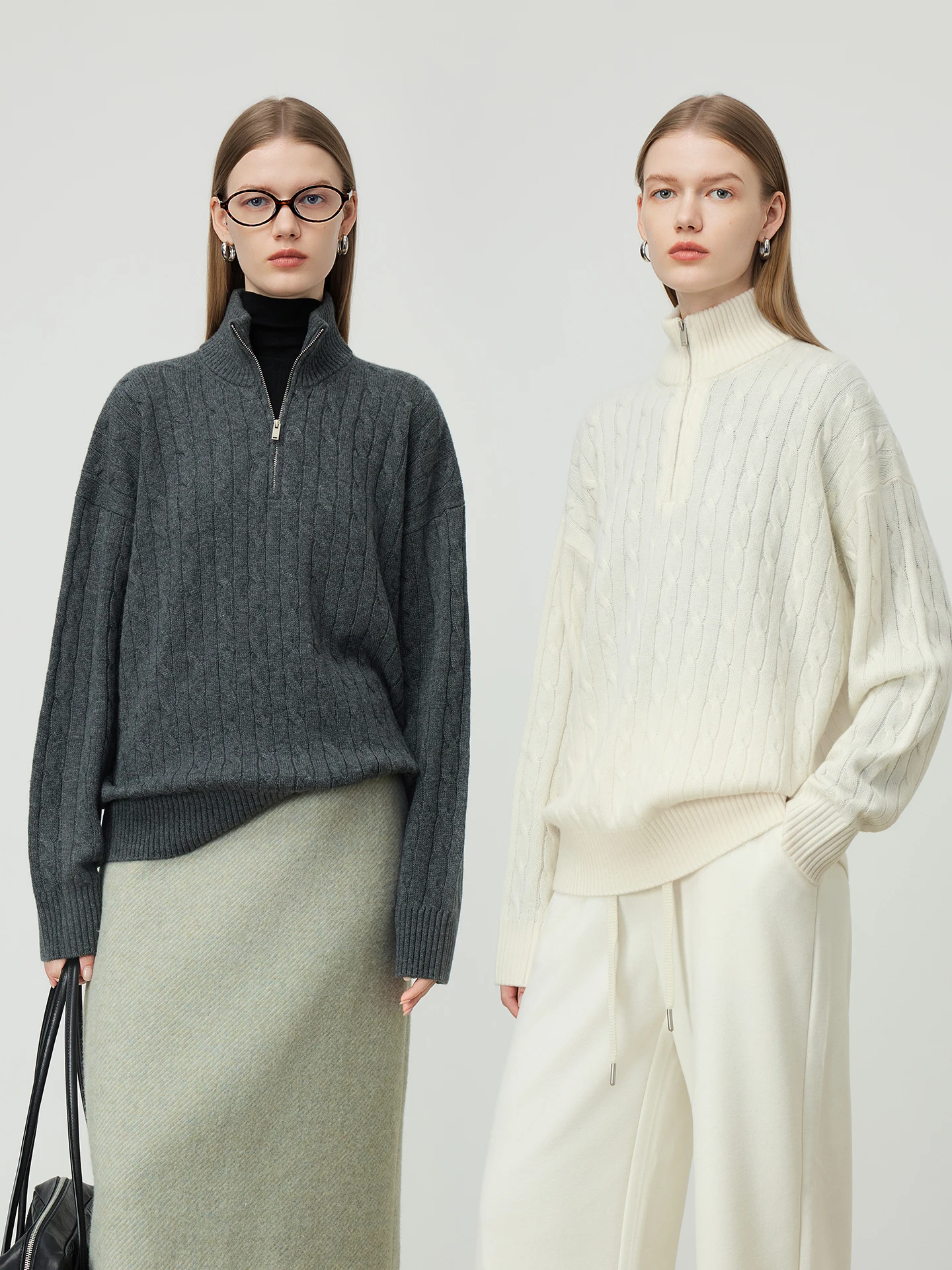 

Модный вязаный свитер River American в стиле ретро из кашемира с воротником на молнии и узором «косы»