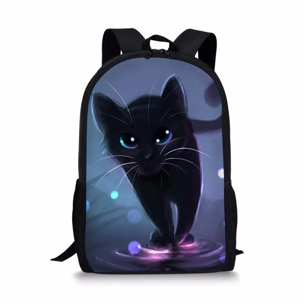 Mochilas escolares con diseño de gatos de fantasía negra, mochilas escolares para niños y niñas, mochila para estudiantes con pintura de animales pequeños de dibujos animados