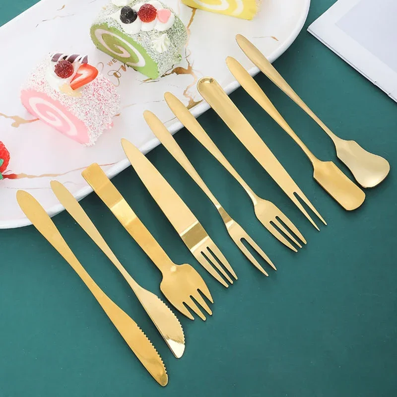 Golden Cake Spatula Stainless Steel Cake Knife, Fork and Spoon Set Mooncake Dessert Spoon Western Pastry Baking Tools