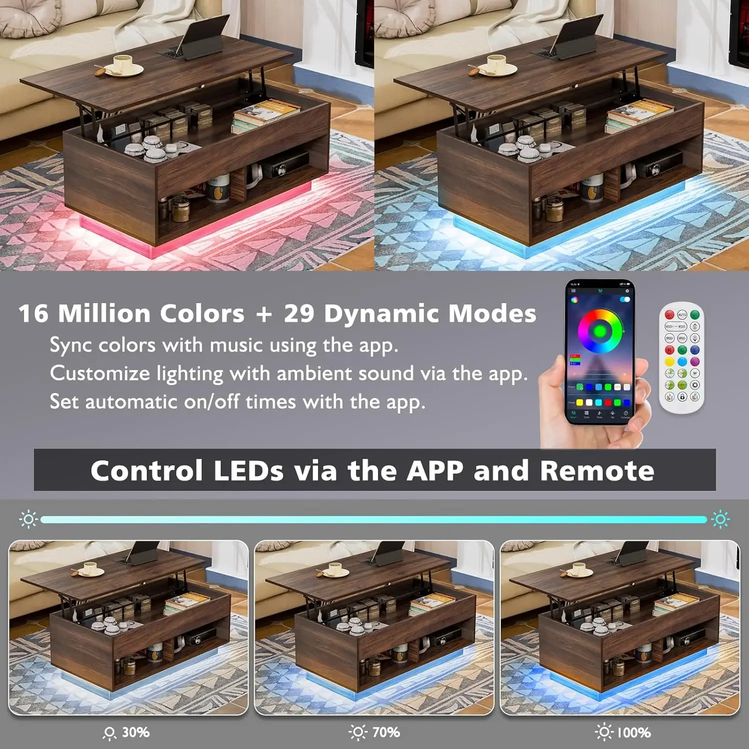 Modern Lift Top Coffee Table with Storage for Living Room LED Coffee Table Wodden Lift Tabletop Dining Table, Walnut