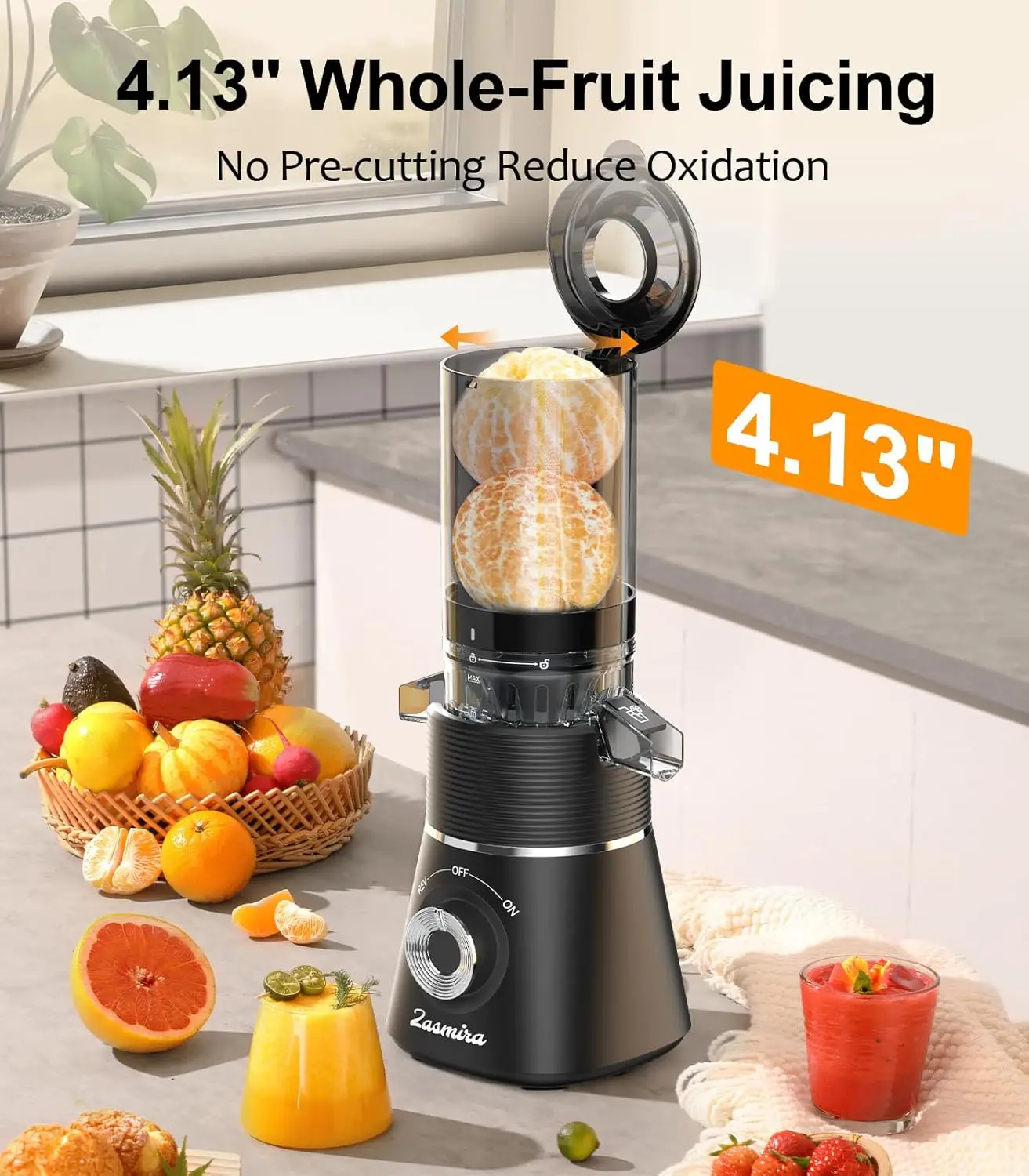 Cold Press Juicer, Zasmira Slow Masticating Juicer with 4.13" Extra-wide chute, Whole Fruit Juicer Machines for Vegetables