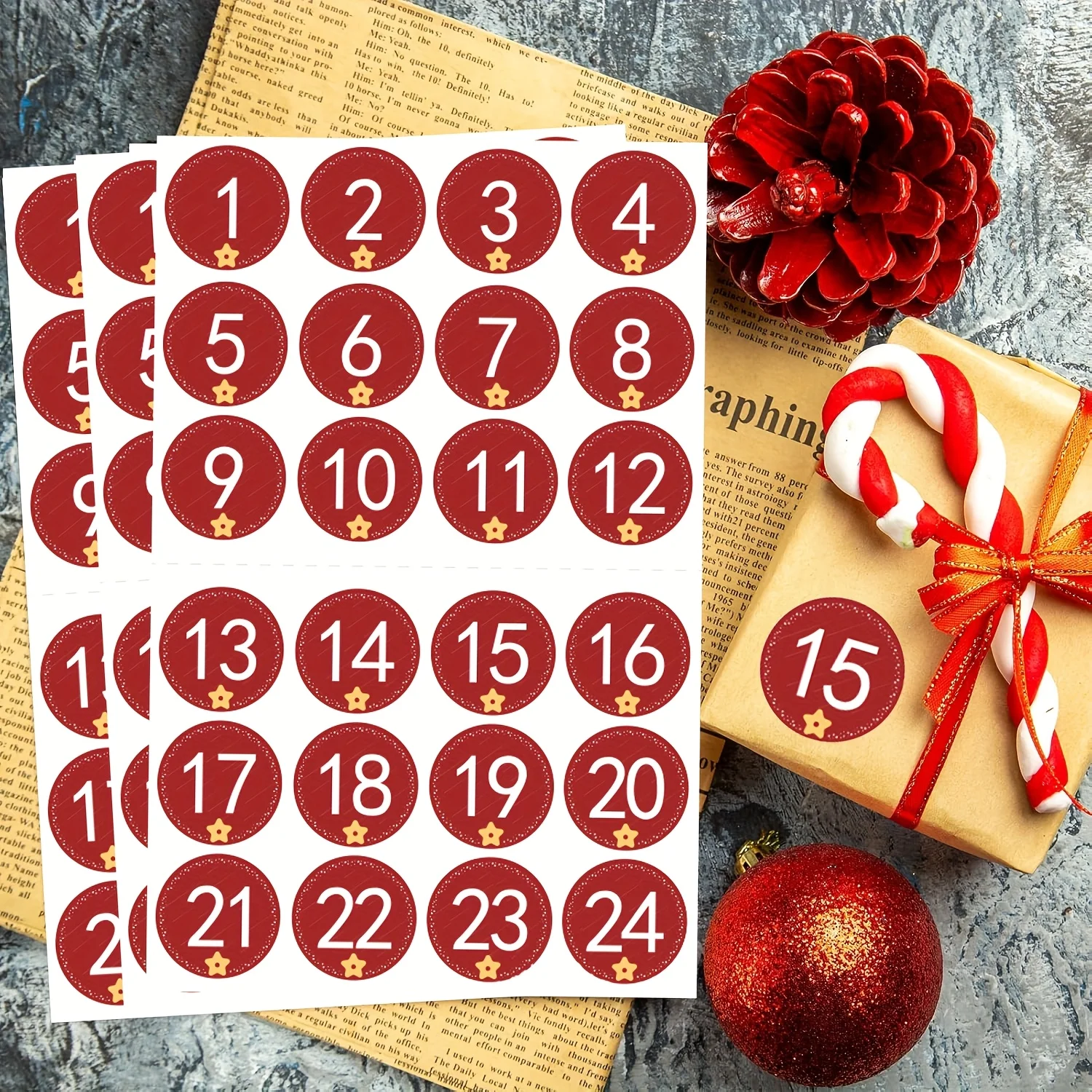 24/48/120 Buah Stiker Angka Kalender Advent Natal 1-24 Stiker Hitung Mundur Stiker Natal untuk Buku Tempel Pesta Kantor Sekolah