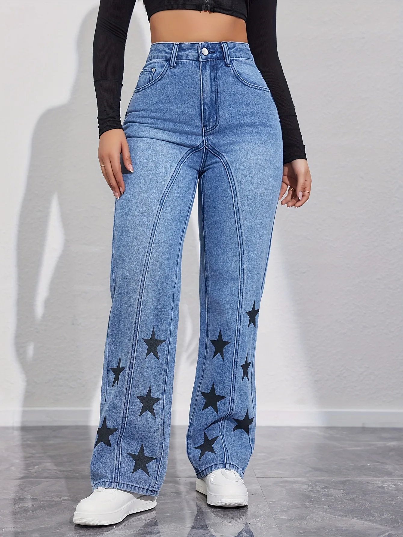 Star Print High Waist Jeans American Retro High Street Straight-leg Pants Patchwork Long Trousers Y2k Fashion Streetwear Baggy