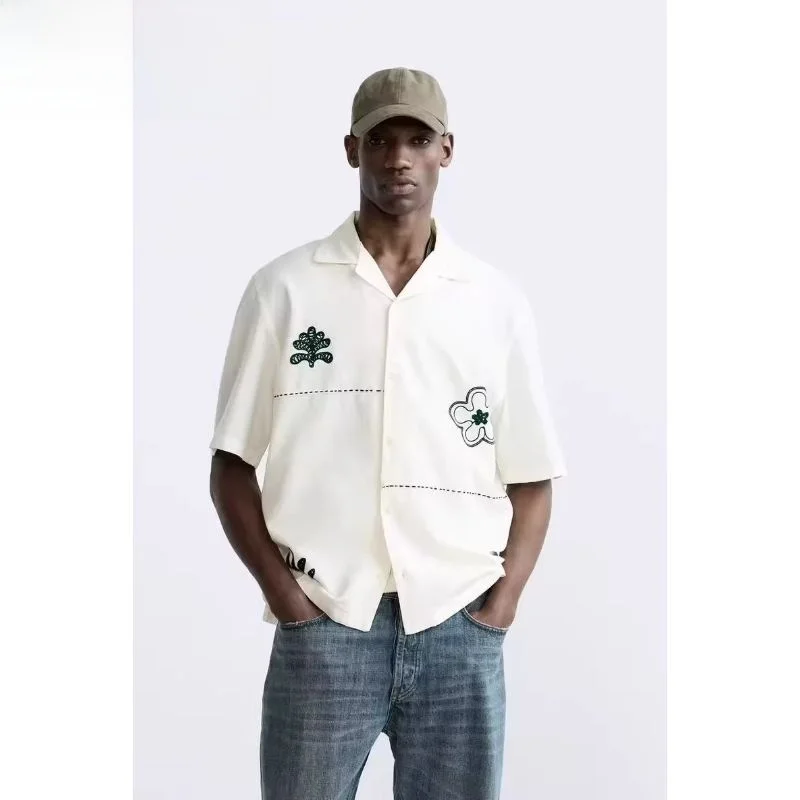 

Summer 2024 Men's Casual Loose Heavy Embroidery ort Sve irt Trendy Floral Pattern Square Collar Regular Thin