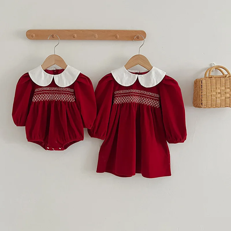 2024Girls' Spring and Autumn Doll Collar Red Baby Rompers Triangle Rompers Sisters Outfit Dress