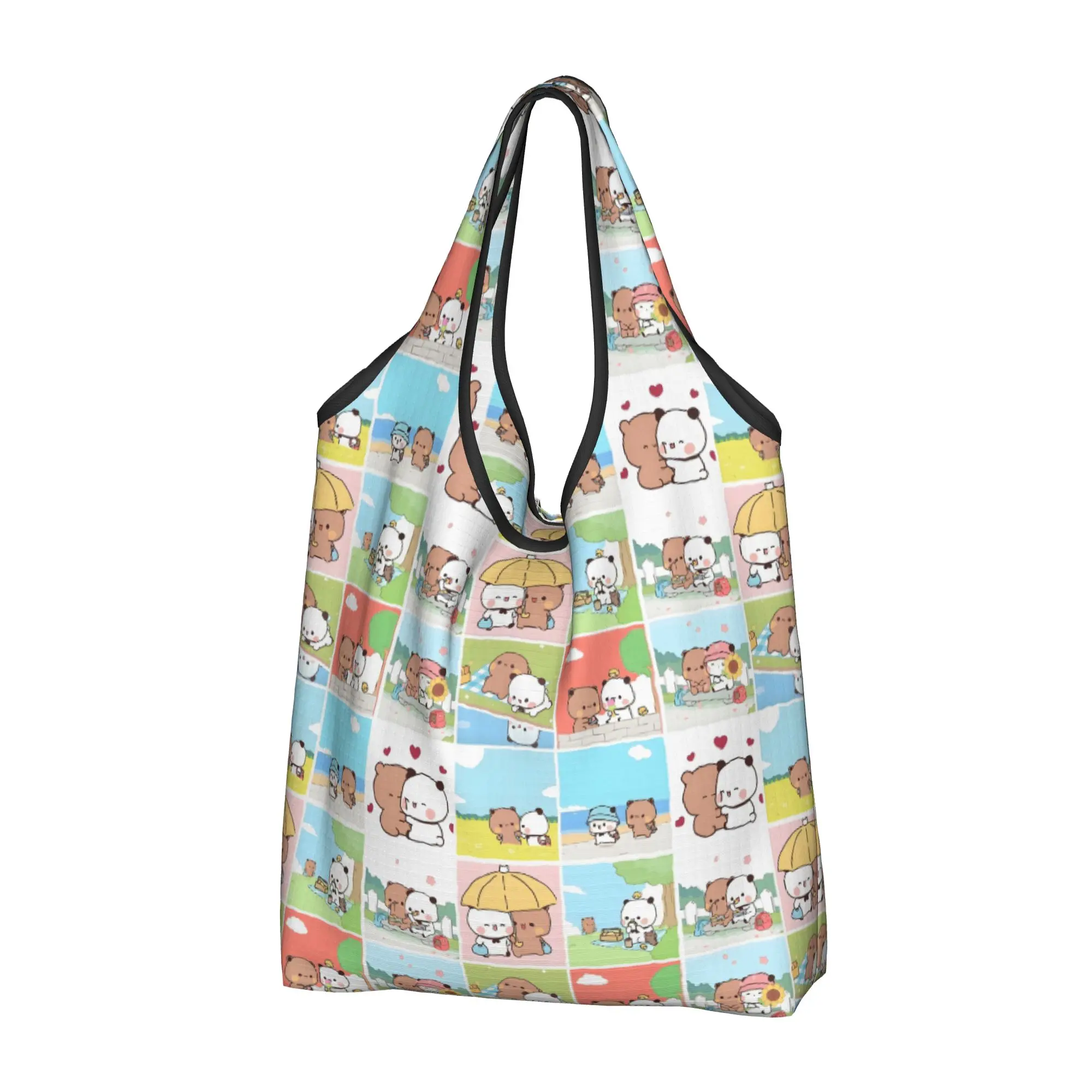 Bear Panda Love Story Peach And Goma  Grocery Shopping Bags Custom Shopper Shoulder Tote Bag Bear Cartoon Anime Panda  Handbag