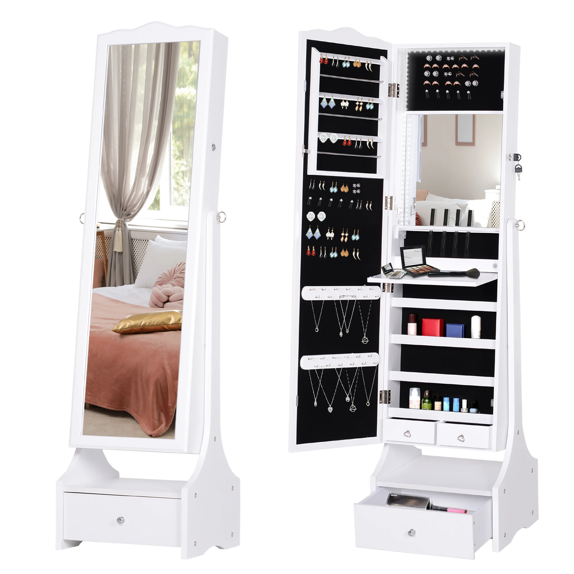 HOMCOM Mirror Jewelry Stand Jewelry Cabinet With LED Lights Lock Drawers Interior Flip Board for Cométicos