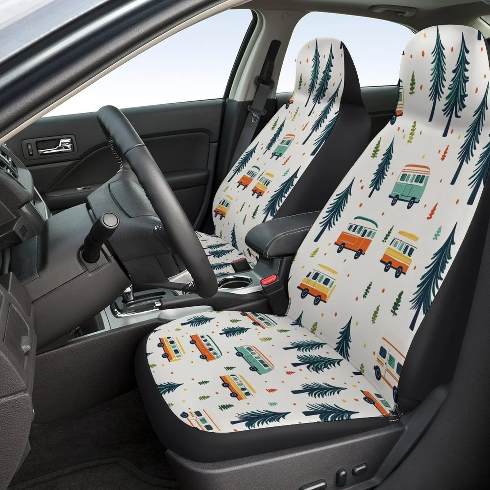 Camper Van Forest Pattern Designed Car Seat Cover Set For Most Cars, Fashion Novelty Car Seat Protector Covers Full Set, Univers