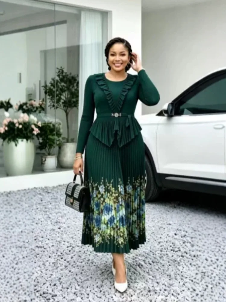 Miyake Pleated African Loose Suit Round Neck Fashion Printing Temperament Elegant Long Dress Two-piece Set New Women's Clothing