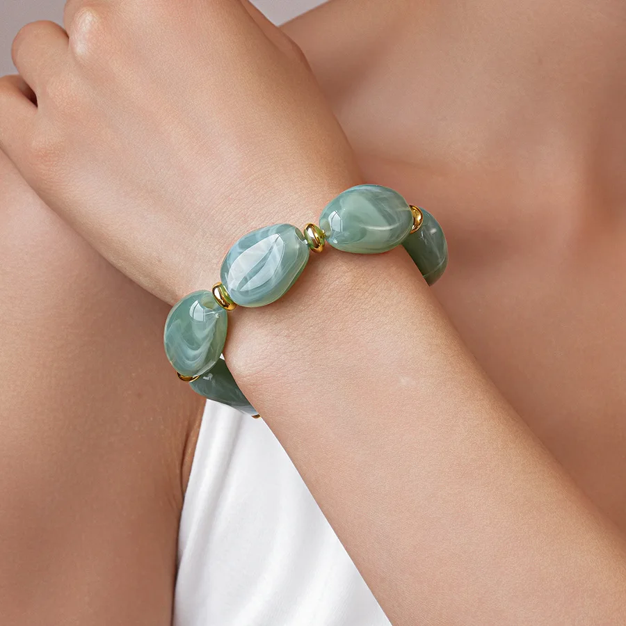 Trendige bunte marmorierte unregelmäßige ovale Perlen elastische Armbänder Boho Harz geometrische Perlen Armreifen Armband 2026 Modeschmuck – Detail 12